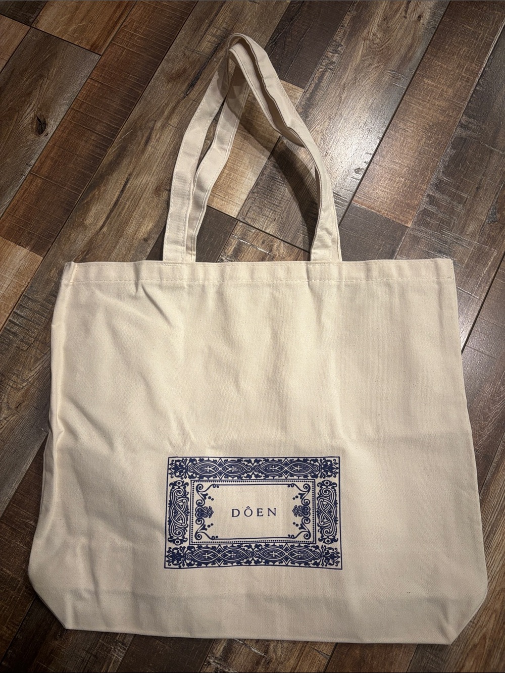 Doen Cream Canvas Tote with Navy Blue Print
